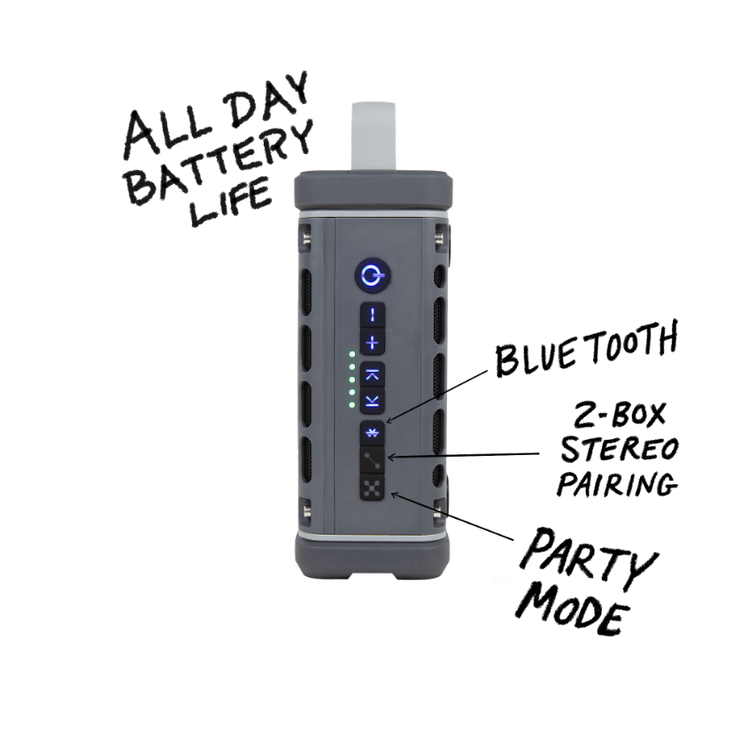 all day battery life, bluetooth, 2-box stereo pairing, party mode
